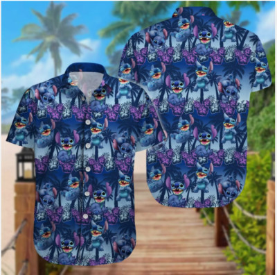 Cute Stitch Tropical Palm Tree Hibiscus Flowers Aloha Summer 3D HAWAII SHIRT