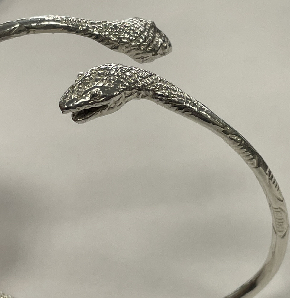 Vintage Solid Sterling Silver Double Snake Head B… - image 2