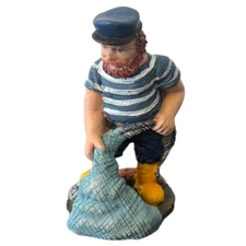 Maritime Fisherman Figurine Handpainted Fish Net Ship Sea Decor Blue 3.25" H VTG