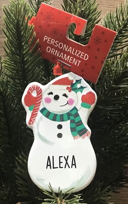 3.5'' Ceramic Snowman Candy Cane Personalized Hanging  Christmas Ornament ALEXA