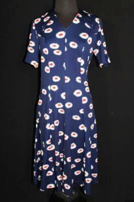 Vintage Français 1970'S Bleu Avec Orange et Blanc Imprimé Polyester Maille Robe - Photo 1/3