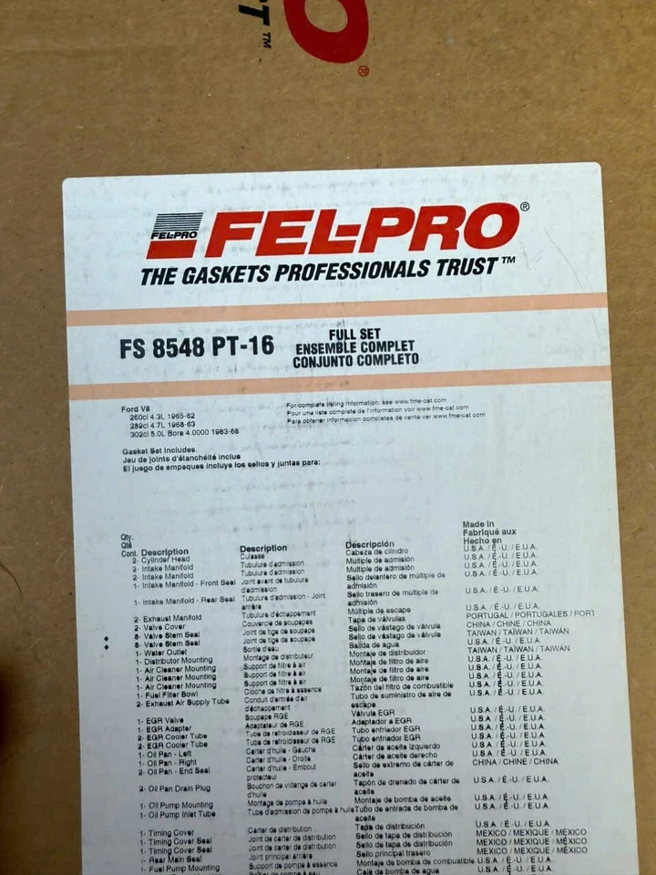 Juego de juntas de motor FS 8548 PT-16 Felpro para Country Custom Galaxie Falcon Foto 2 de 2