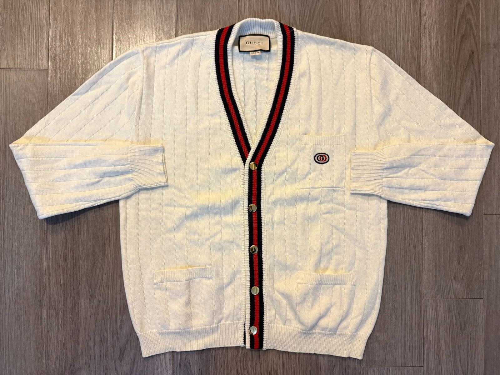 Gucci Knit Cotton V-Neck Cardigan with Web ivory sz L