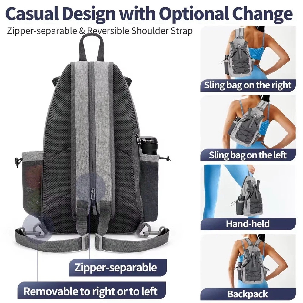 Pickleball Bag Backpack Or Crossbody Sling For Men Or Women Grey