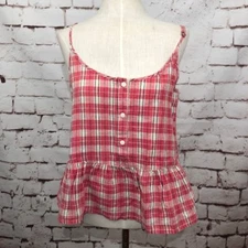 NWT CURRENT/ELLIOTT The Workwear Plaid Linen Peplum Top Redwood Blouse Size 2