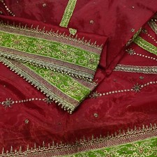 Vintage Heavy Bridal Dupatta Maroon Tissue Fabric Hand Embroidered Zardozi,