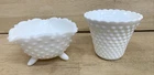 Pair Vintage Fenton Milk Glass Hobnail 3-Footed 1 Triangular Candy Dish 1 Round