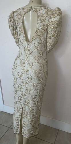 VINTAGE JUDITH ANN CREATIONS WHITE & GOLD BEADED EMBELLISHED SILK GOWN Sz S - Picture 8 of 12