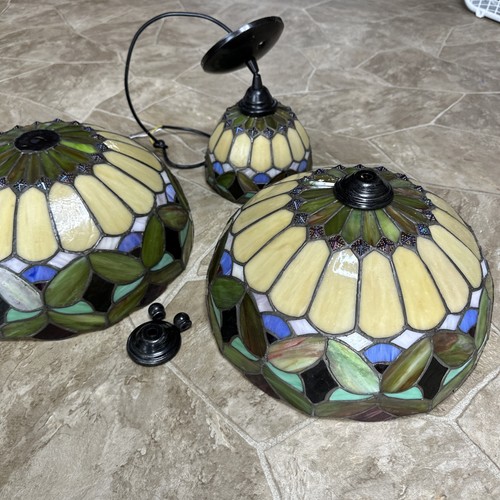 Set Of 3 Vintage Tiffany Style Stained Glass Chandeliers & Light - Picture 2 of 9