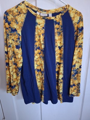 Lori Goldstein LOGO Scoop-neck Top Marianas Blue Yellow Print Size Large NWOT