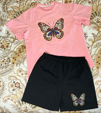 Girls Size 14 Pink Butterfly Graphic T-Shirt & Black Shorts 2pc Cotton Set