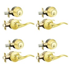 4 Pack Keyed Alike Lever Set with Single Cylinder Deadbolt, Reversible Wave S...