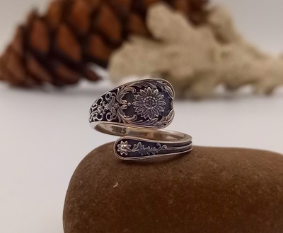 925 Sterling Silber Löffel Ring Blumenmuster verstellbar 