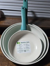 GreenPan Ceramic Nonstick  Pan 3 pc  Set Teal Handles PFAS free 8' 10' 12