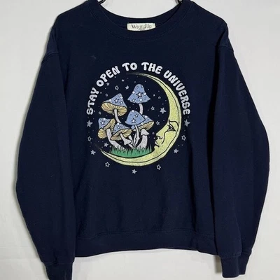 Wound Up Celestial Sweatshirt Womens M Navy Blue Mushroom Moon Graphic Crewneck - Image 1 of 4