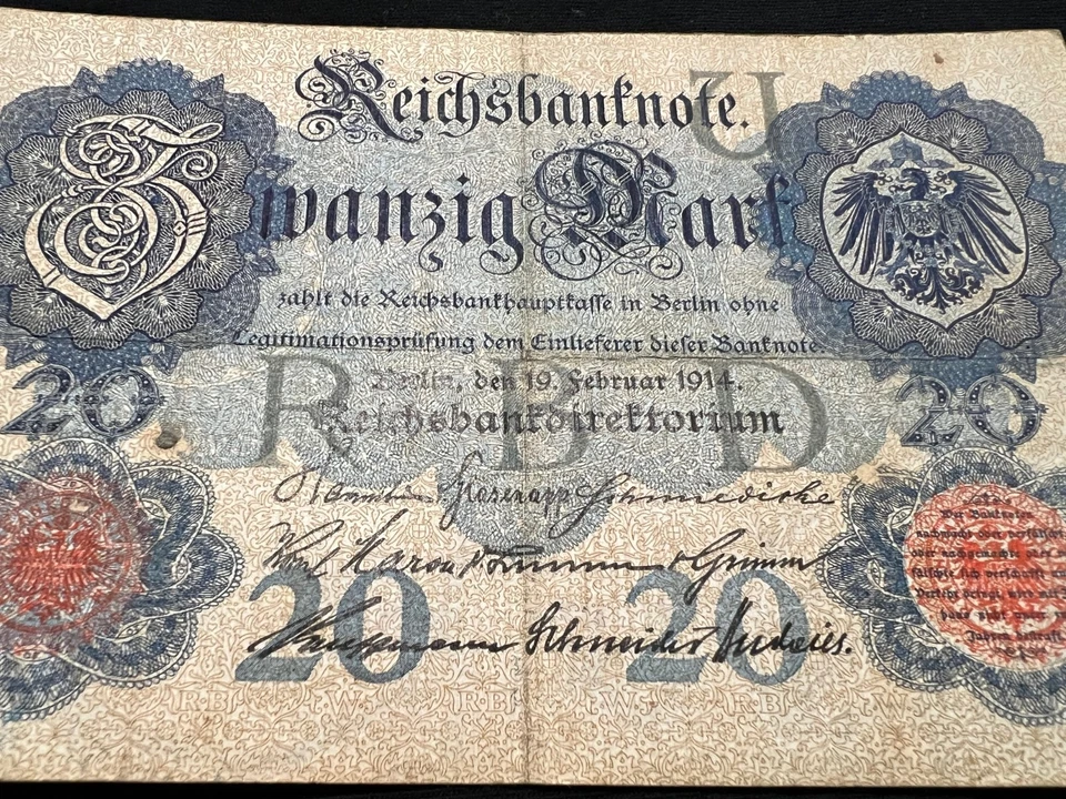 5x 1914 German 20 Mark Banknote WW1 WWI Military Inflation Fascist Kaiser War - Image 3 of 4