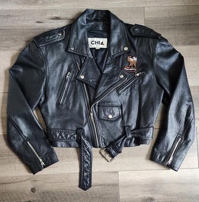 Vintage 90s Cropped Chia Leather Biker Jacket Moto Belt Zip Medium