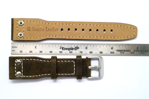 22mm Brown/White Double Rivet Style Nostalgic Leather Watch Band Silver Buckle - Picture 3 of 4