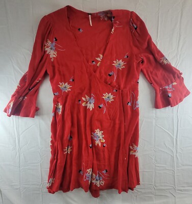 Free People Time On My Side Red Floral Wrap Dress Womens Size Medium Midi |  eBay