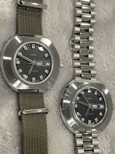 2 Vintage Timex Mechanical Watches UFO Style + Leather Case See Full Description