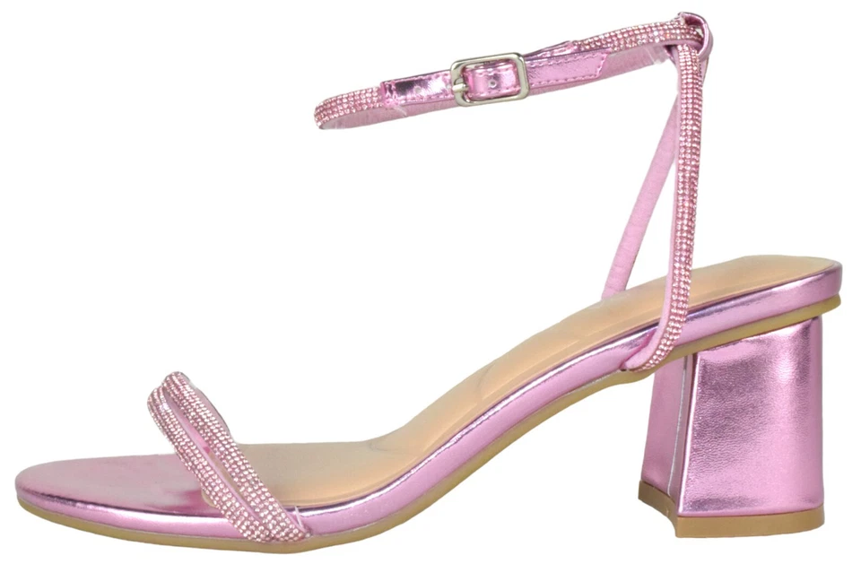 Top Moda Women Block Short Heels Open Toe Ankle Strap Bling Rhinestone CITY Pink - Image 2 of 3