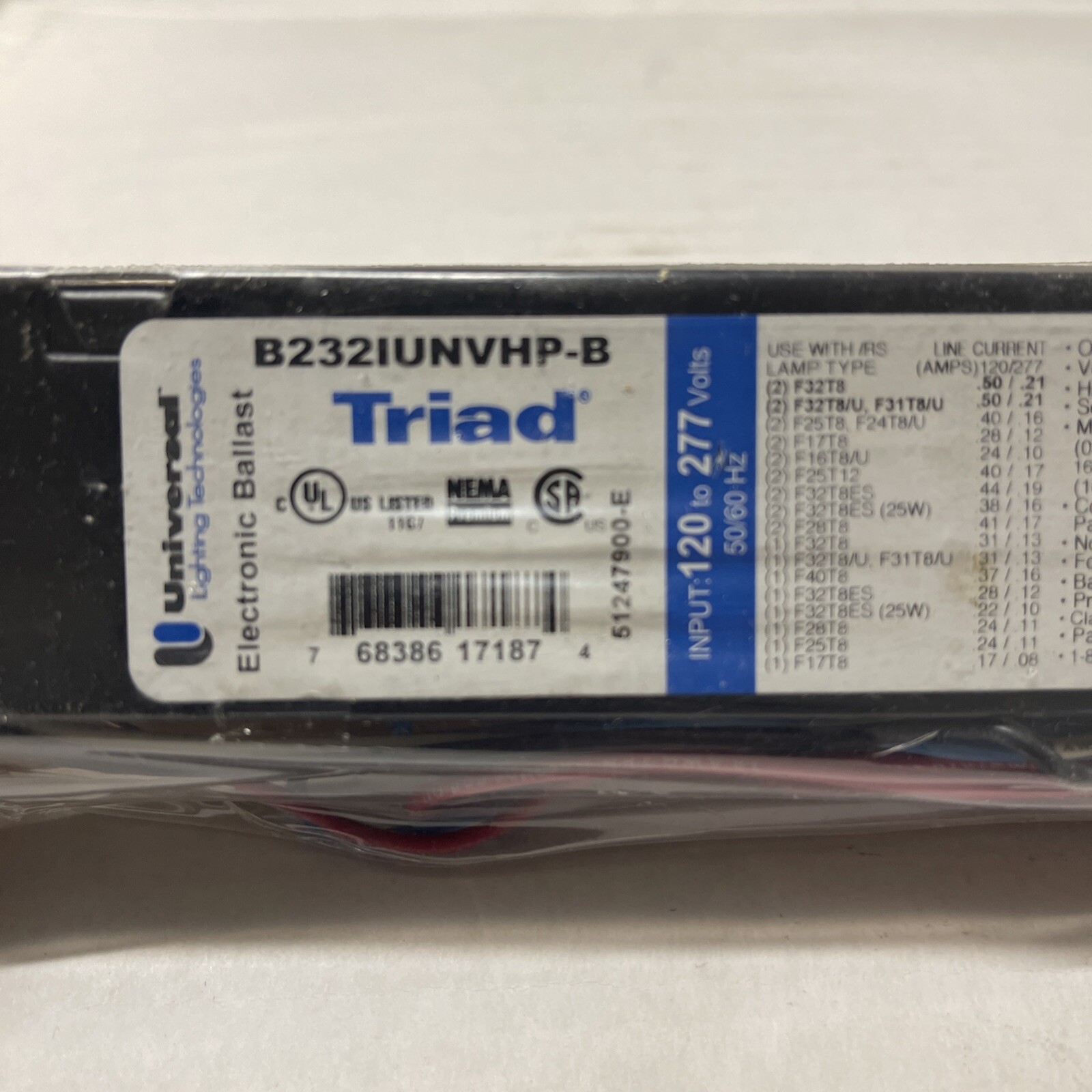 TRIAD 120-277V B232IUNVHP-B Electronic Ballast for T8 Fluorescent/LED