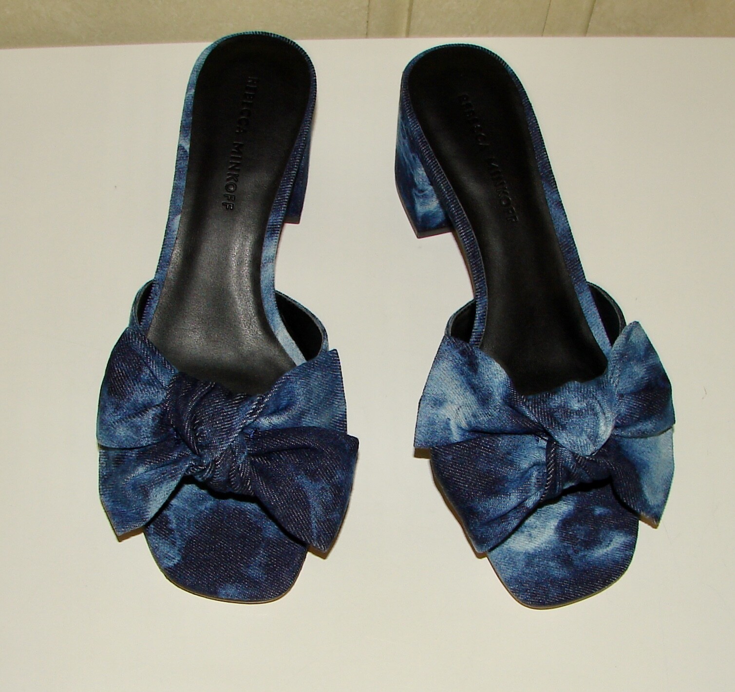 Rebecca Minkoff sz 8 Rheta blue tie dye denim bow block heel mules sandals  $148 194307108078 | eBay