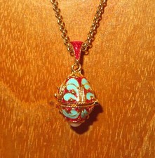 Egg Pendant Russian Necklace Blue Red ENAMEL pearl on bottom golden chain
