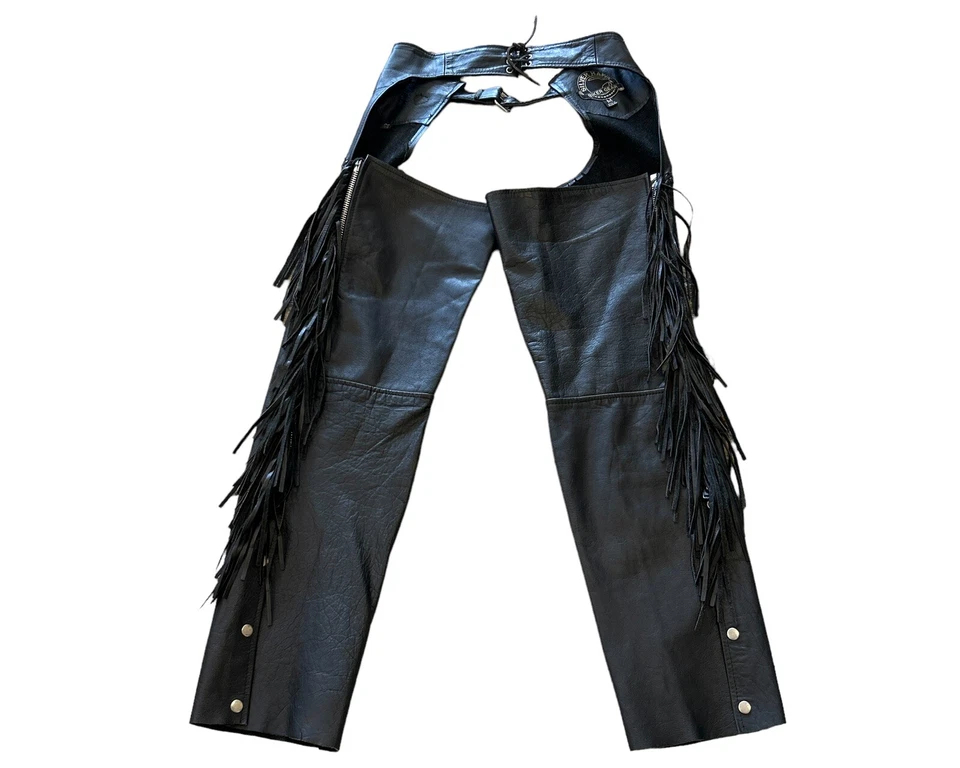 Vintage Silver Hawk Black Leather Motorcycle Equestrian Chaps Fringe USA Medium - Image 2 of 4