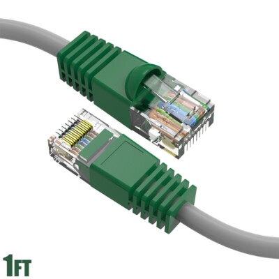 1FT Cat5E RJ45 Ethernet LAN Network UTP Crossover Cable Copper Green Boot Gray