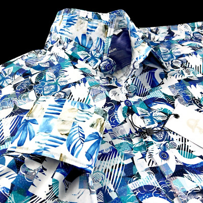 Robert Graham Geometric Floral Tropical Blue White Patchwork Shirt $228 3XL