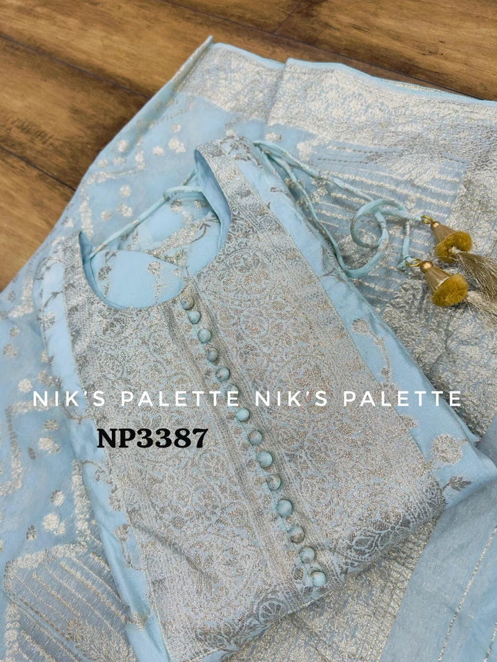 Premium Banarsi jacquard gown with self weaving all over with work on yoke paire - Image 3 of 4