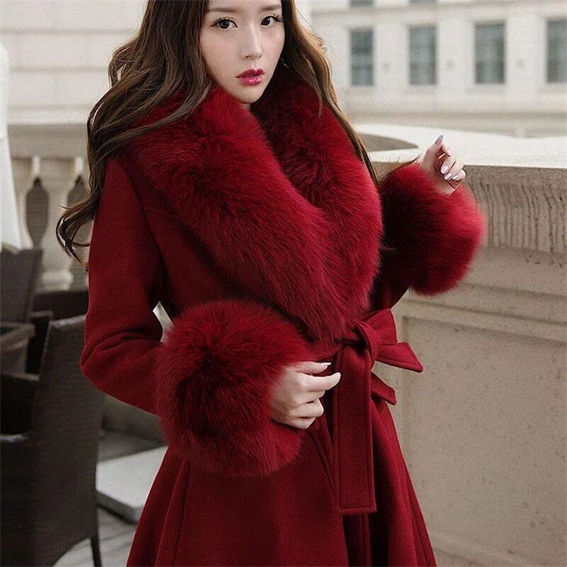 Winter Women's Trench Coat Faux Fur Collar Scarf Cuffs Cashmere