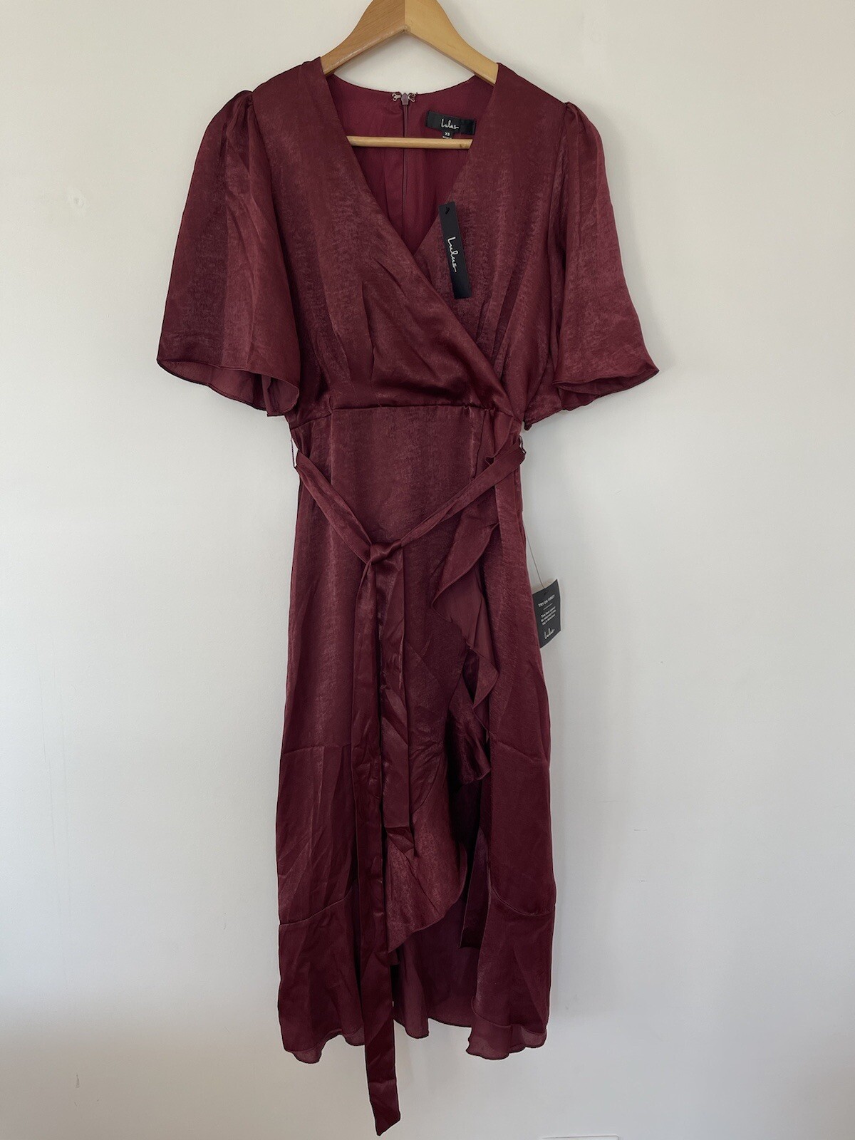 Lulus Wrapped Up In Love Burgundy Satin Wrap Midi Dress Size XS NEW RRP$95 image 3