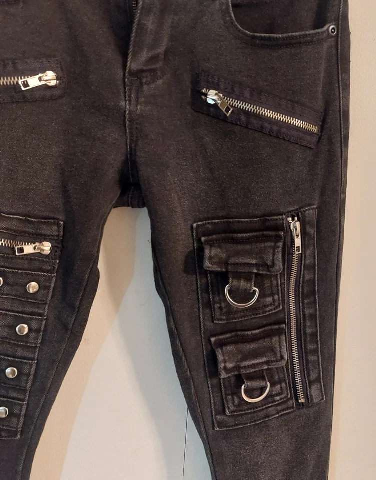 Pantalones de mezclilla para hombre BLK Social Collision 28X28 tachuelas cadenas hebillas cremalleras Y2K Foto 4 de 4