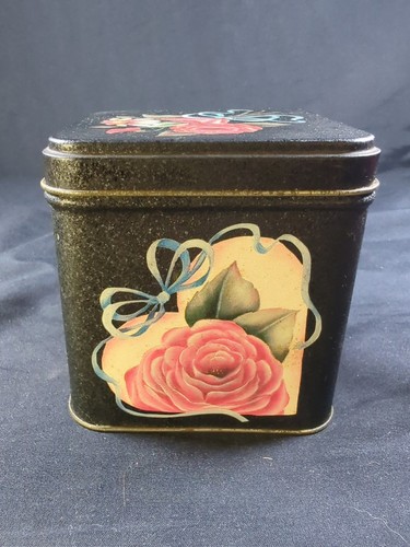 VINTAGE FLORAL Rose Hearts Ribbon TIN 3.5" Square Valentine's Day Rare - Picture 5 of 12