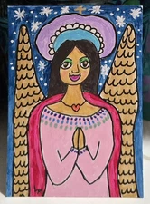 ACEO Original Art Painting Folk Angel Woman Stars Mixed Media OOAK ATC Mini 