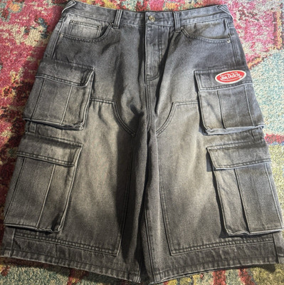 Von Dutch Gray Denim Cargo Shorts Men's M Logo Patch Pockets Zip Closure
