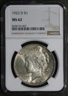 1922-D (MS62) Peace Silver Dollar $1 NGC - Better Date