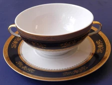 P. Deshoulieres Limoges Orsay Cobalt Blue Handled Cream Soup Cup/Bowl & Saucer