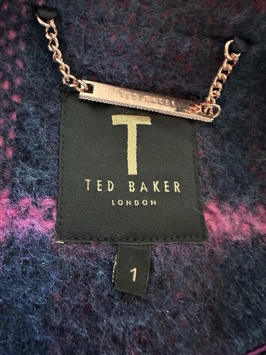Ted Baker Coat Fredye Red Pink Navy Tartan check wool blend wrap SIZE 1 UK 8 - Picture 4 of 11
