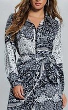 GUESS Black White Paisley Shirt Dress Collared Button Long Sleeve Size S