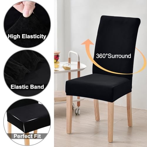 Velvet Stretch Chair Covers for Dining Room Soft Fit Removable Set of 4 Black - Picture 5 of 7