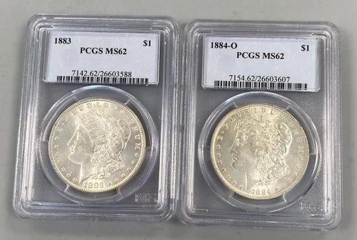 2 PCGS MS62 US Morgan Silver $1 1883-P 1884-O L24210