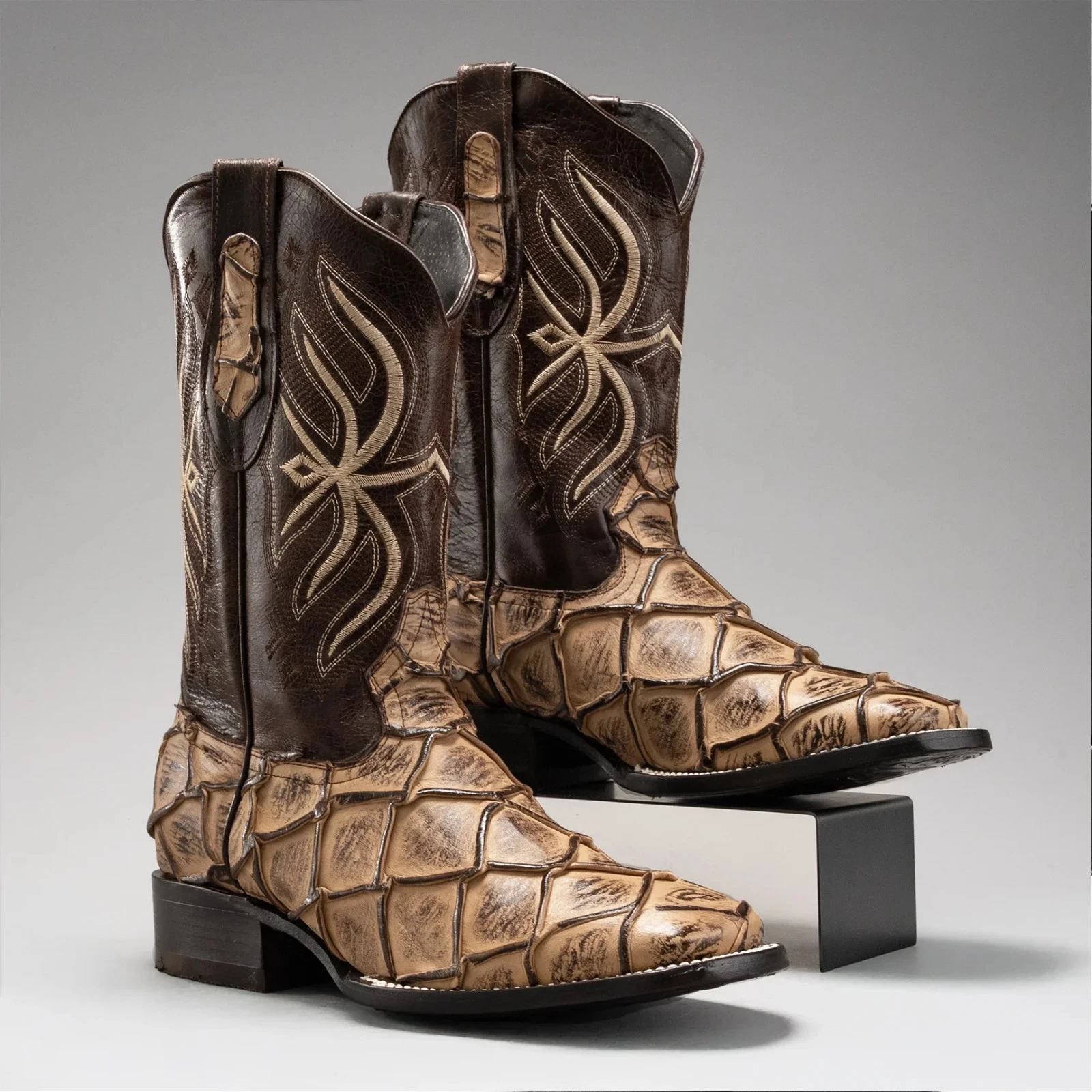 Genuine Leather Exotic Pirarucu Fish Print Square Toe Cowboy Western Boots -Oryx