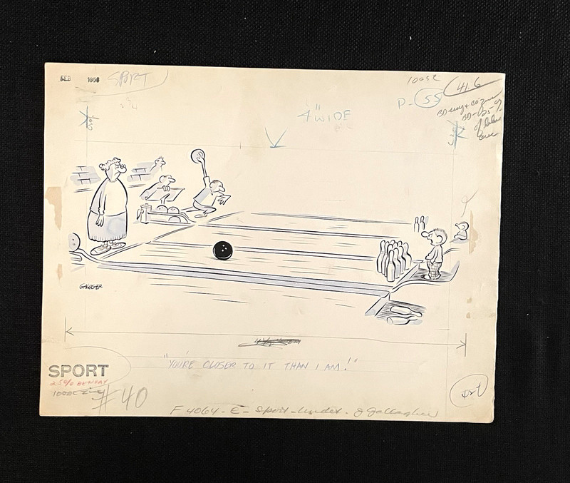 Original John Gallagher comic cartoon art: Bowling, Sport mag. - DOUBLE SIGNED