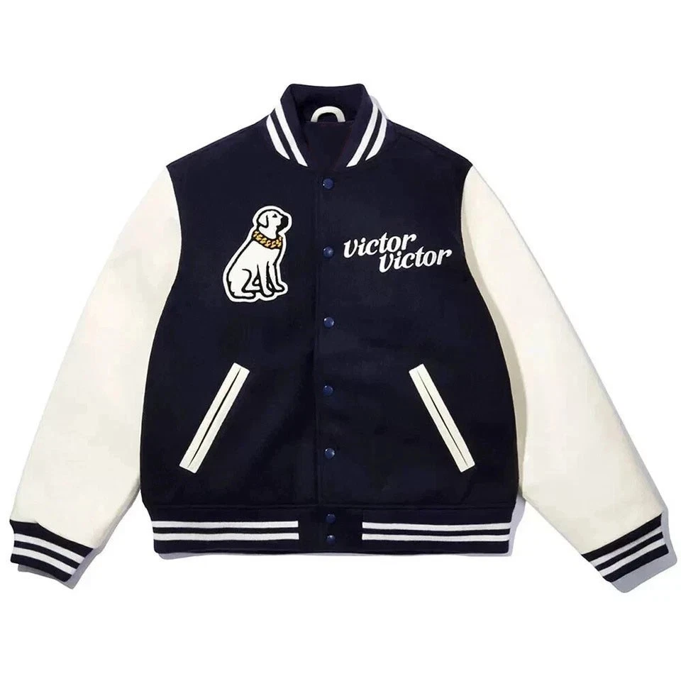 Hand Made Victor Navy Wool and White :Leather Letterman Varsity Jacket AdultSize