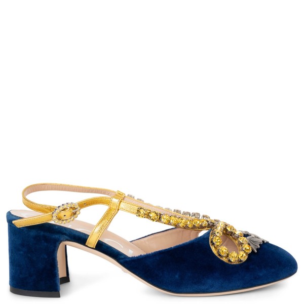 73398 authentische Gucci kobaltblau 2019 Fledermaus & Kristallbesatz Samt Slingpumps Schuhe 38,5