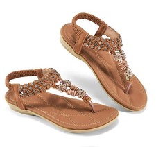 Boho Beaded Flower Flat Sandals-Brown Rhinestone Thong Slingback EU 43/US 11