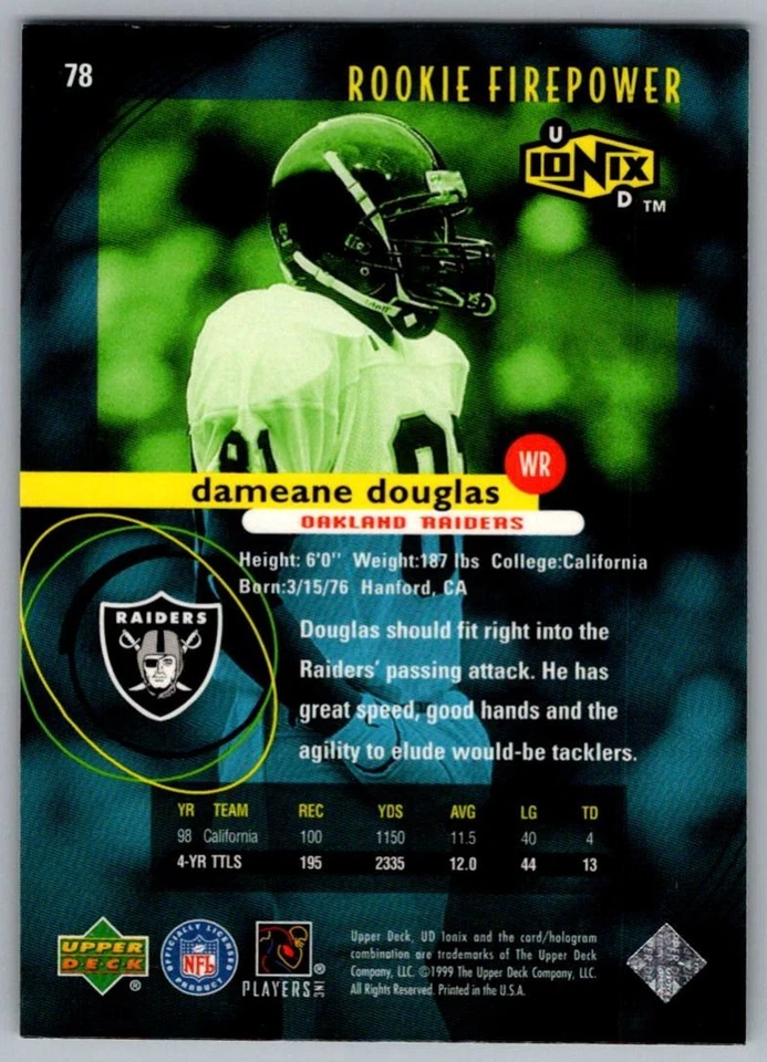 1999 UD Ionix Dameane Douglas Rookie Oakland Raiders #78 - Image 2 of 2